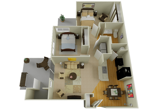 Floor plan for 2 beds, 1 bath, 1051 sqft